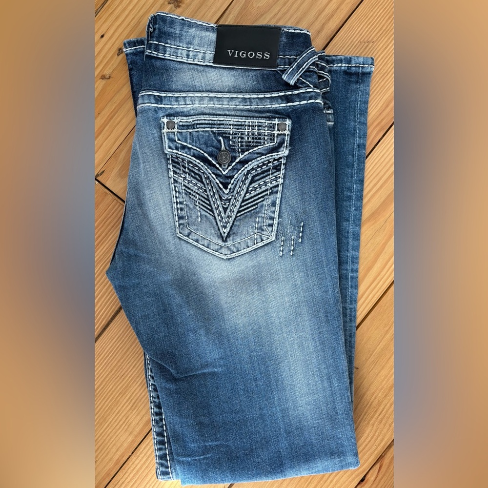 VIGOSS Women’s Vintage Distressed Indigo Boot Cut Denim Jeans